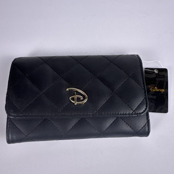 Disney Handbags - Disney Buckle-Down Quilted Black Wallet NWT Gold D Logo Women's Wallet